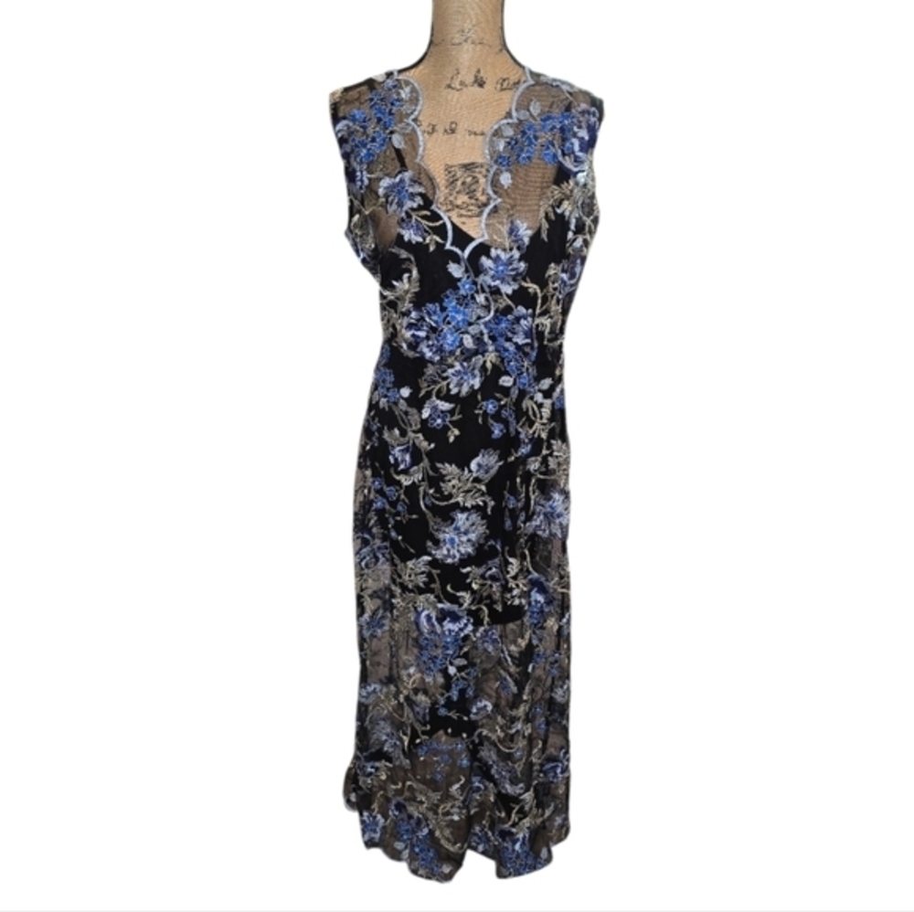 Venus Blue Black Embroidered Floralโ Lace Sleeveless Party Formal Dress Size 14